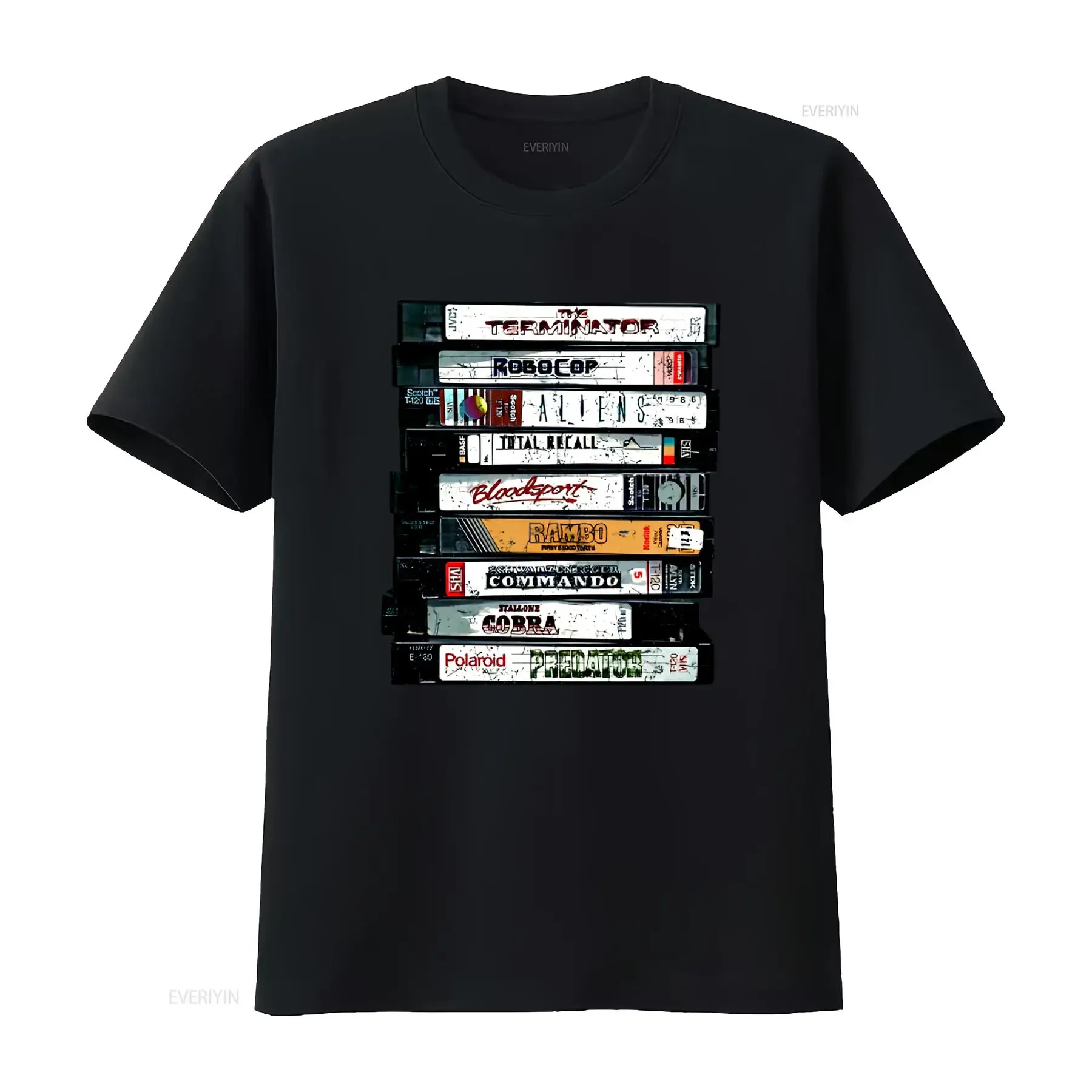 Camiseta Retro de los 80 con Diseño de Cintas VHS de Películas de Acción, Ciencia Ficción y Terror, Estilo Vintage para Fans, Ropa de Diseñador con Efecto Desgastado
