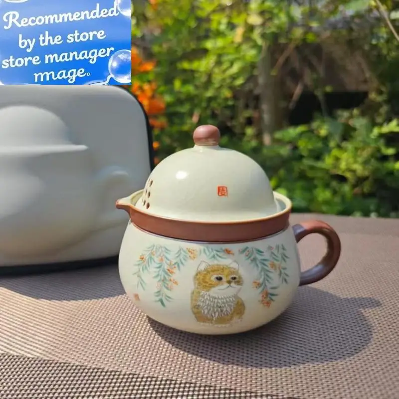 

Цзиндэчжэньская керамика, ручная роспись, кошачий чайник, китайский чайник и набор чашек для церемонии чая для 1-го человека, путешествия, кунг-фу, чайники