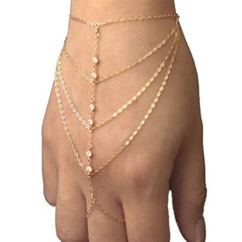 Celebrity Multi Chain Tassel Bracelet Bangle Slave Finger Ring Hand Harness Gold