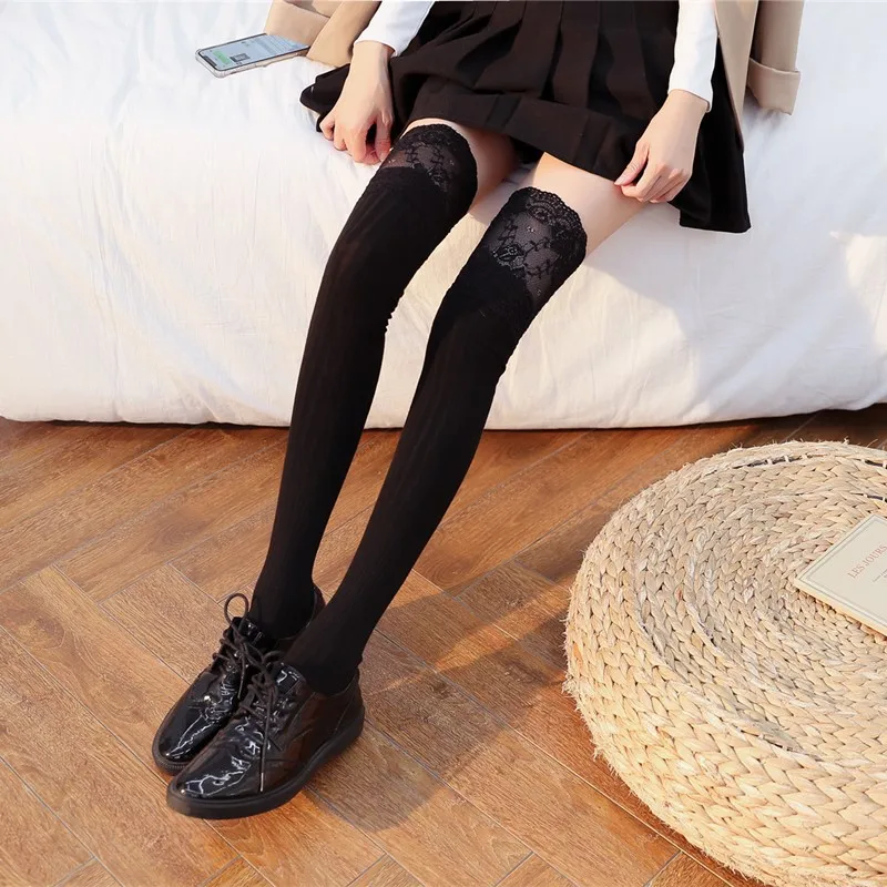 Fashion Ladies Girls Warm Sexy Blend Tights Black White Sexy Medias Lace Up Long Knee Socks Women Over Knee Thigh High Stockings