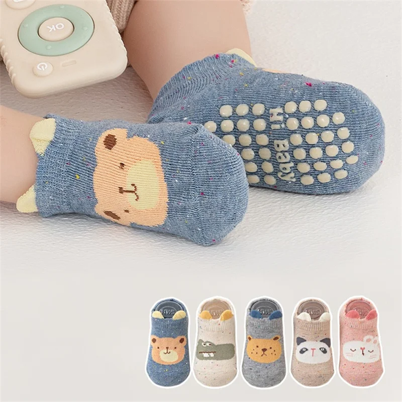 5 pairs of boys and girls' anti slip socks with cute cartoon animal patterns, comfortable and breathable baby floor socks