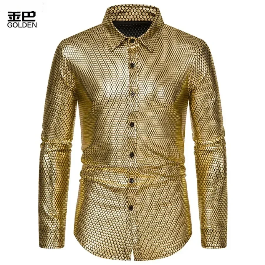 New  Men's 70s Disco Shirts Solid Slim Long Sleeve Single Breasted Shirts Party Prom Stage Nightclub Party Clothing for Men