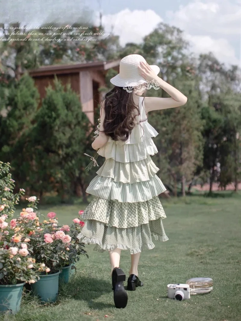 Sukienka Lolita Zielona Falbanka Tort Letnia Nowa Wakacyjna Słodka Dziewczęca Łączona Bez Rękawów Trapezowa Sukienka Midi