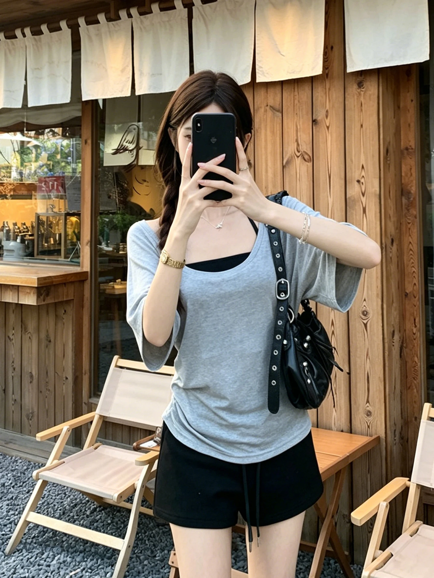 plus Size Women's Korean Style V-Neck Color Two-Piece Set Short Sleeve T-Shirt Slimming Casual Top for Summer Commuting