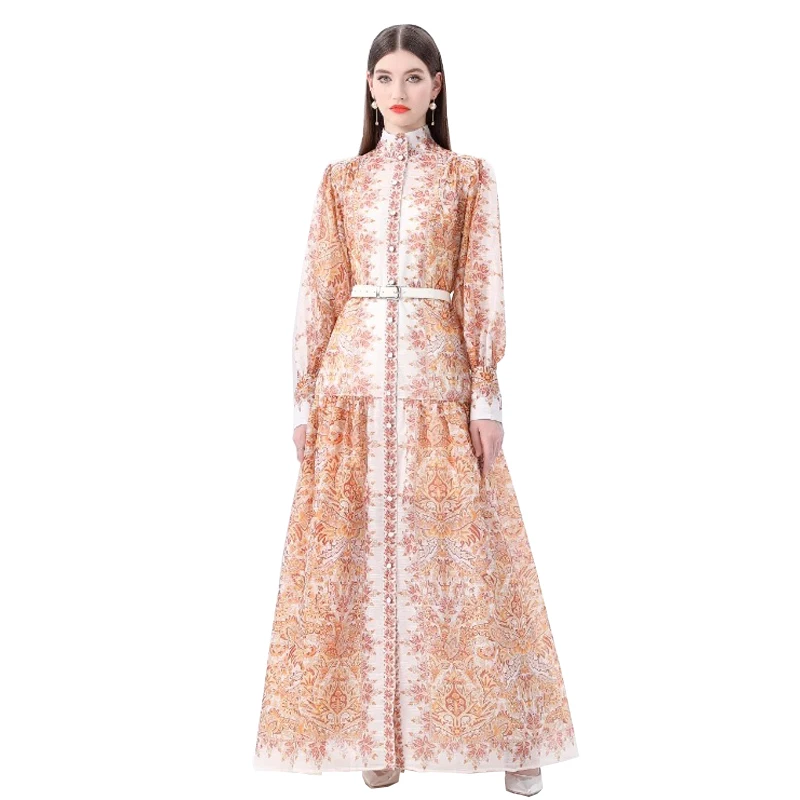 Briti Sle Long Sve Floral Print Stand Collar Maxi Dr Women's Photoaphy Dr Ele Midi Skirt Polyester Fiber