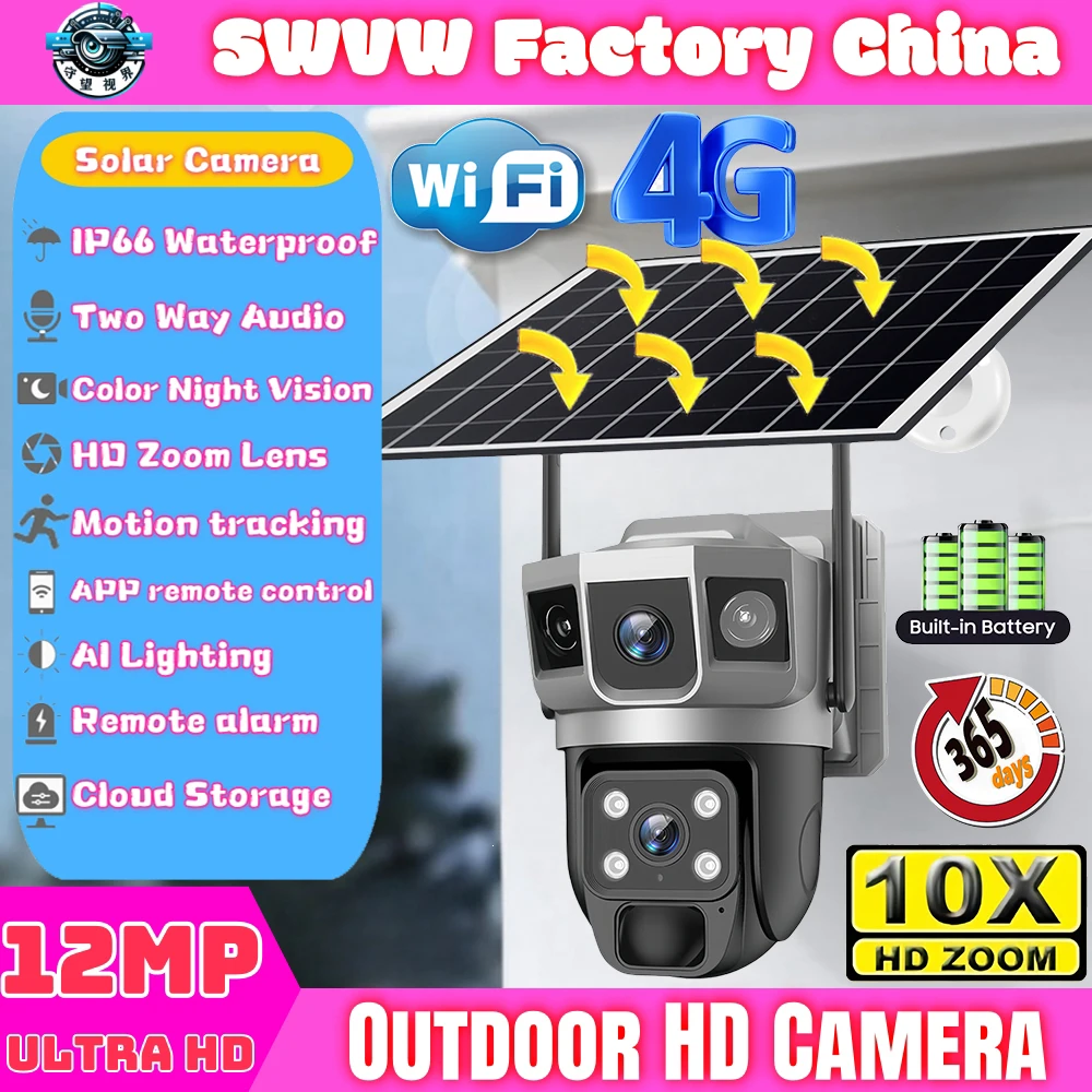 

4G Solar IP Camera WIFI CCTV 12MP Dual Lens Triple Screen PTZ Auto Tracking 6K Curious Security Surveillance V380 Pro Camera