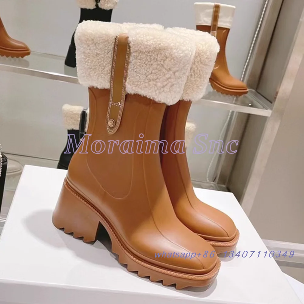 Square Toe Fur Stitching Rain Boots Block Chunky Heel Side Zipper Brown Leather Retro Fashion Damskie botki 2024 Winter