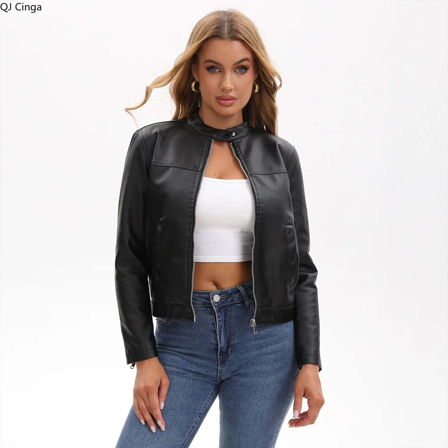 QJ CINGA Brand New Autumn Women's Casual Leather Jacket, Black Stand-up Collar PU Coats, White Coffee, Dark Blue Optional