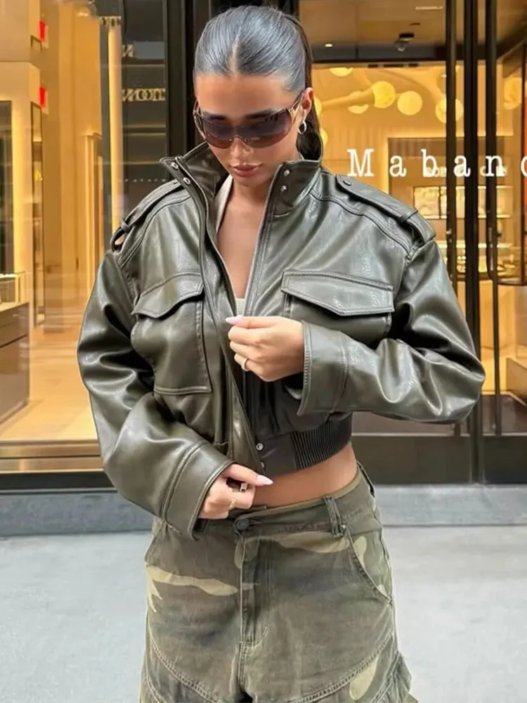 HH أنثى جديد الخريف Sreet خمر فو الجلود اقتصاص سترة طويلة الأكمام الصلبة مع جيوب الياقة المدورة سستة معاطف الشتاء #4
