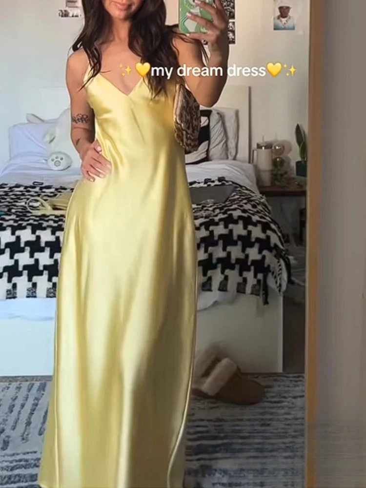 KONDALA Sexy Yellow Satin Long Summer Party Dress Women V Neck Backless Cami Straight Dress Fashion 2025 Spring Summer Dress