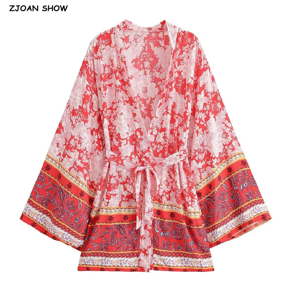 BOHO Women Contrast Color Red White Flower Print Kimono Cardigan Holiday Tide Bow Sashes Mid Long Shirt Loose Robe Beach Cape