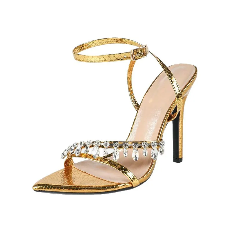 

European and American stunning golden sandals, women's pointed toe rhinestone slim heels, summer fashion high heels