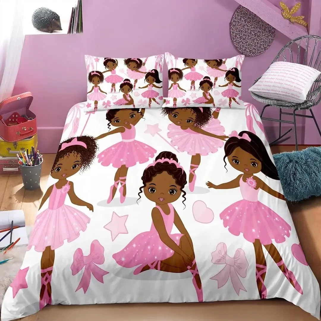American Girl Bedding Set,Single Twin Full Queen King Size,Baby Cartoon Black Girl Bed Set Kid Bedroom Bedding Sets