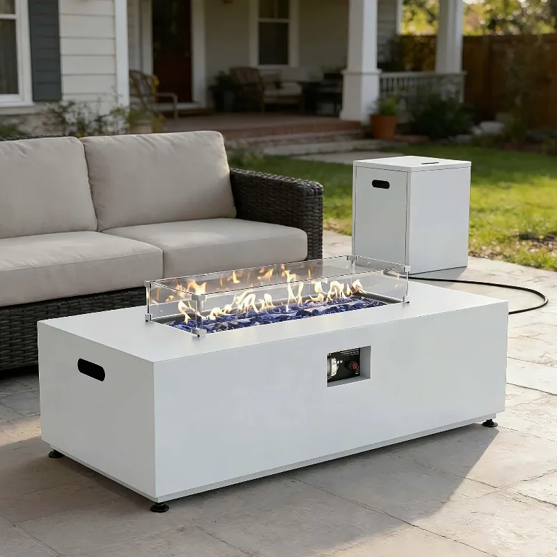 42 Inch Gas Fire Pit Table, 55,000 BTU Propane Fire Pits for Outside with Aluminum Lid and Waterproof Cover, 2 in 1