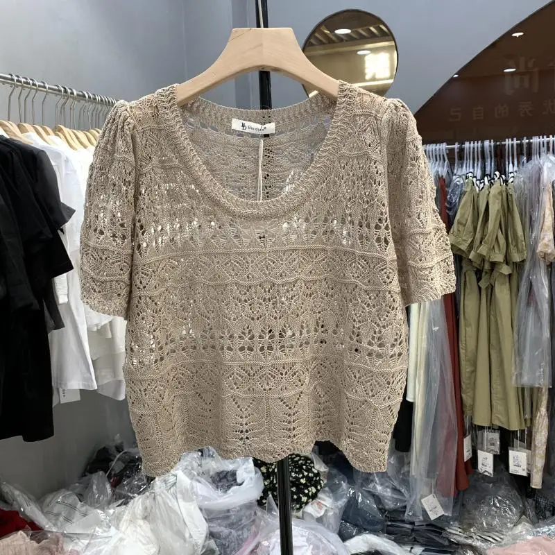 Summer Fashion Korean Version Hollow Out Knit Shirt Women Sexy Chic O-neck Short Sleeve T-shirt Short Casual Loose Top Tees