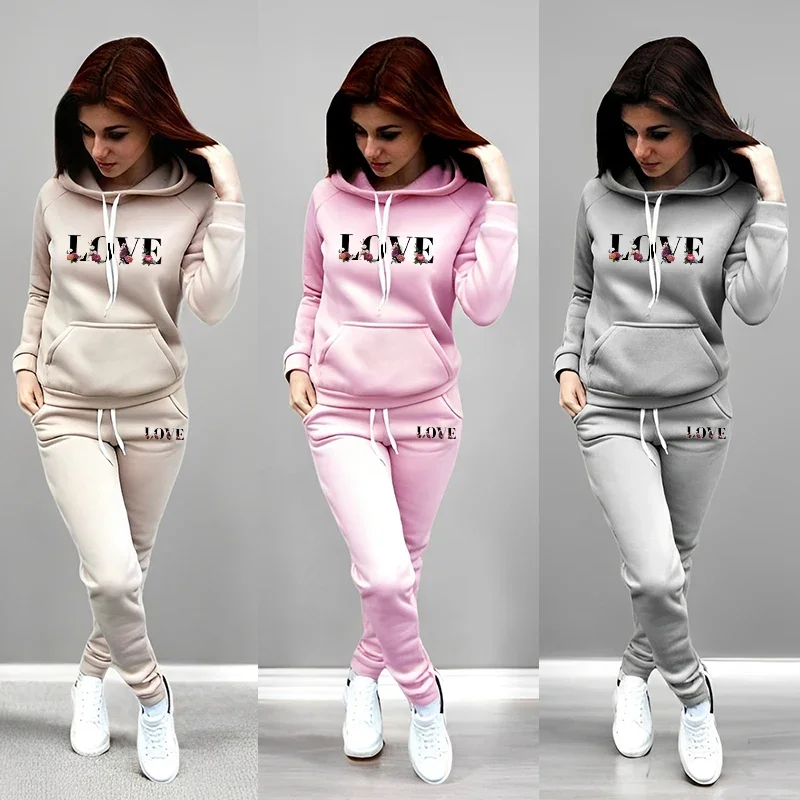 Толстовка с капюшоном и принтом Love Letter, спортивные штаны, комплект из 2 предметов, осень-зима, женский повседневный повседневный спортивный спортивный костюм, домашний уличный комфортный наряд
