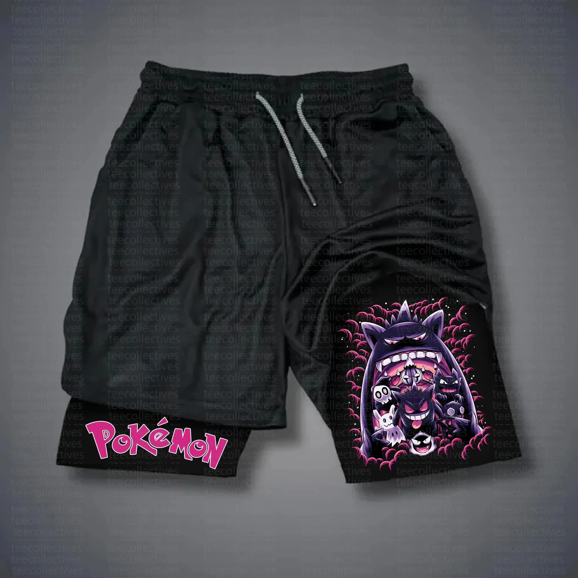 pokemon-shorts-masculino-algodao-calcas-esportivas-2025-verao-grafico-bottoms-base-preta-perna-esquerda-rosa-pokemon-logotipo-perna-direita-multi-cor