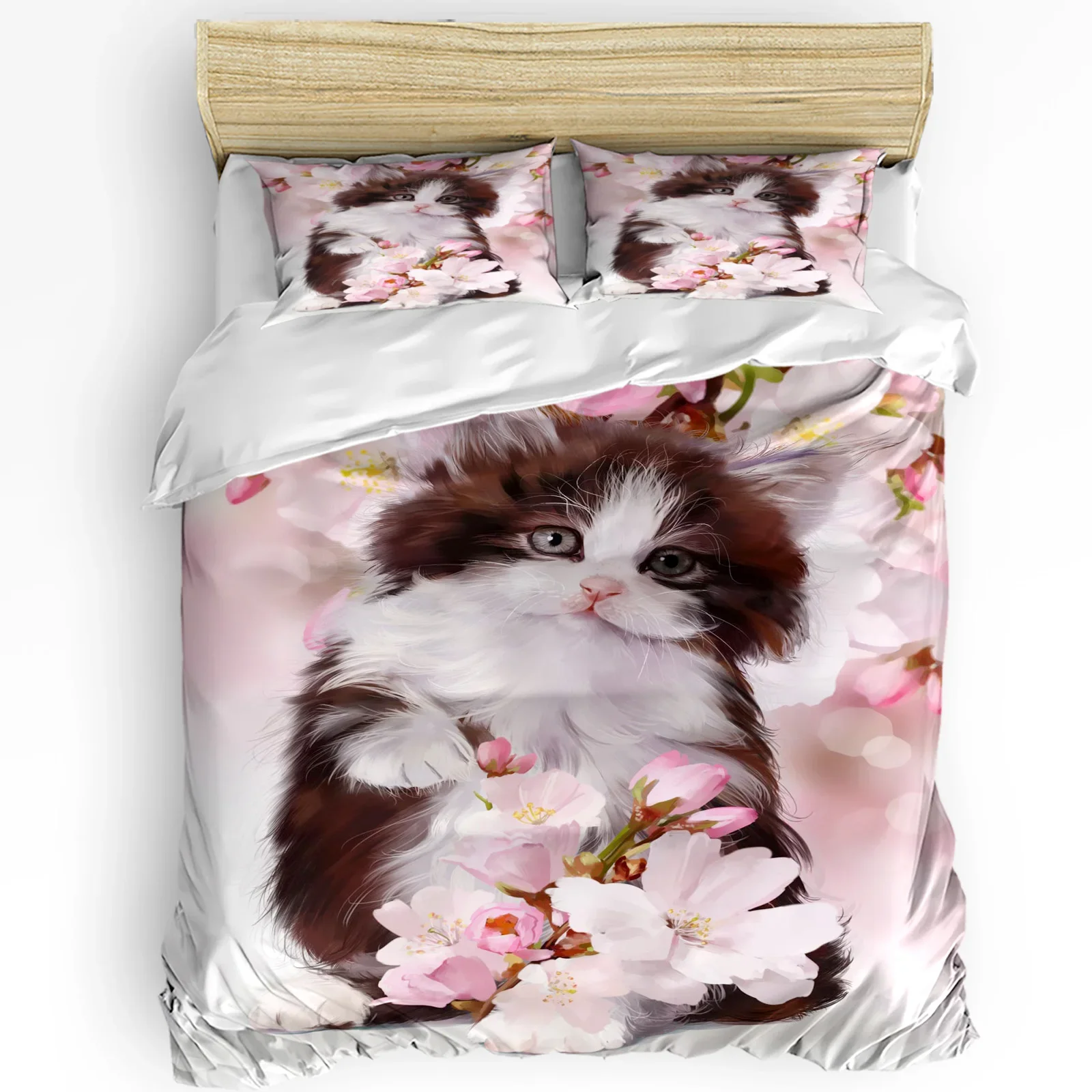 Pet Cat Cute Pink Carnation Flowers 3pcs Bedding Set For Bedroom Double Bed Home Textile Duvet Cover Quilt Cover Pillowcase