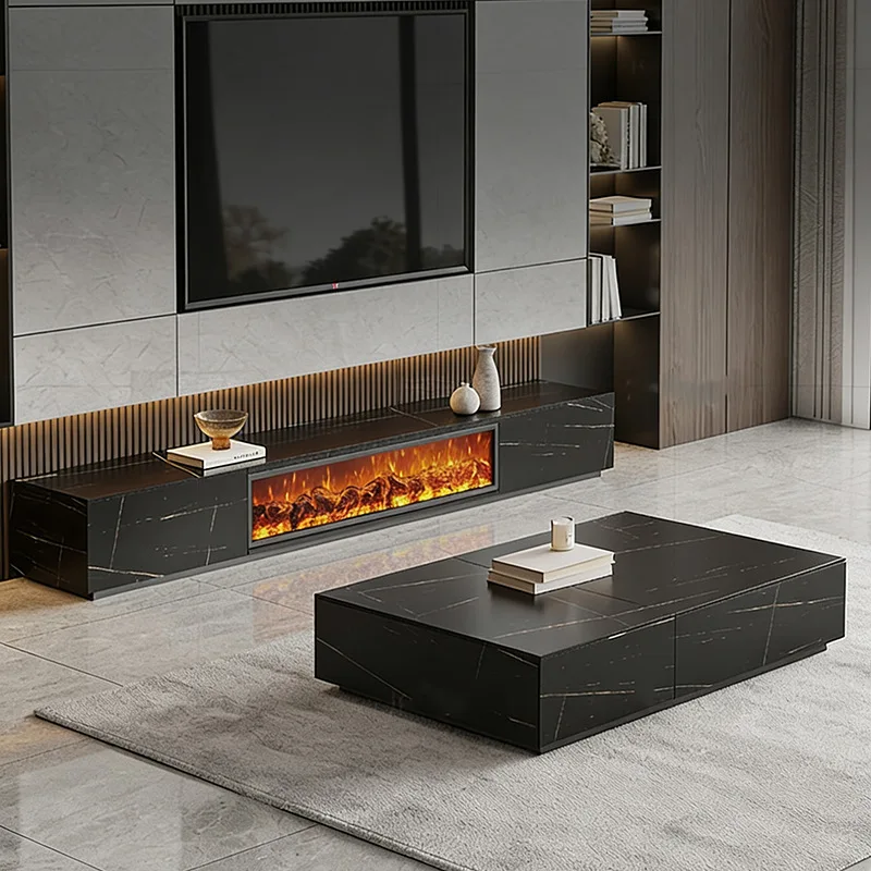 

Solid wood rock slab flame fireplace TV cabinet coffee table combination modern simple storage locker living room home floor