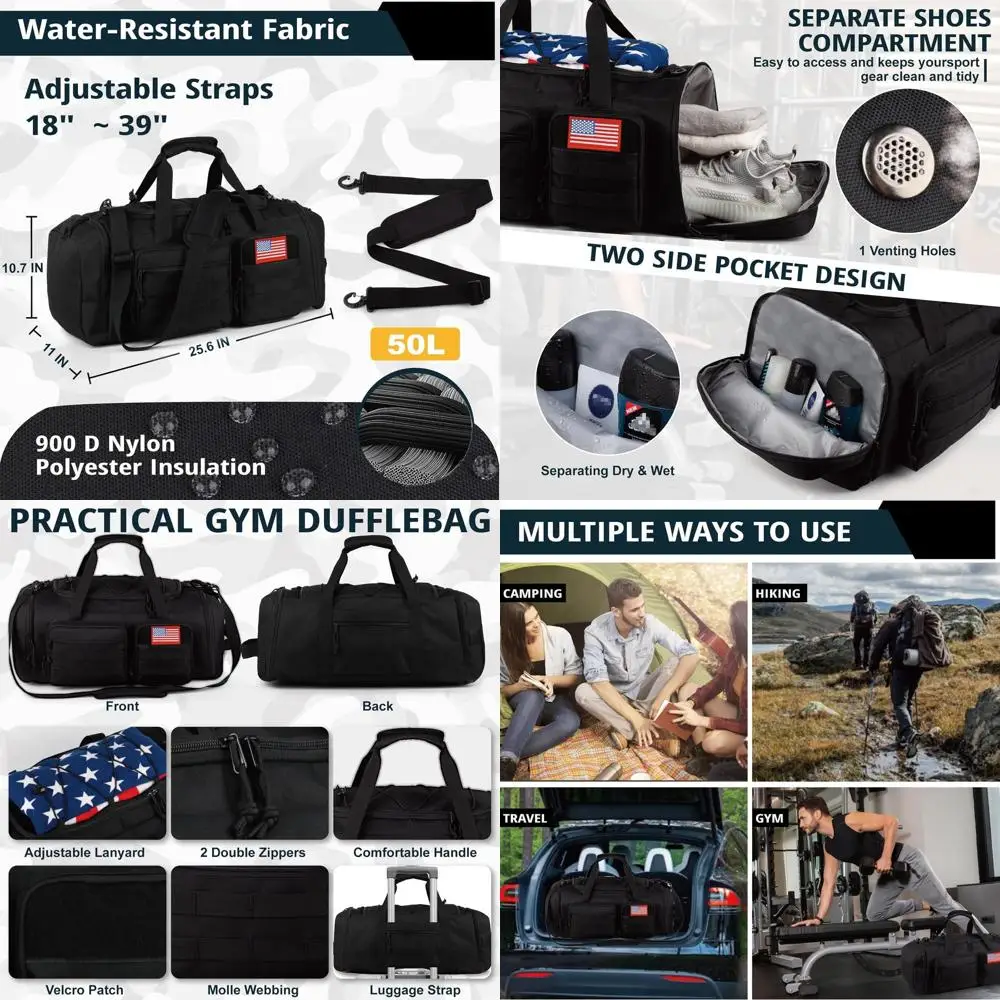 

Large 50L 3-in-1 Sports Duffle Bag for Men - Water-Resistant, with Shoe Compartment, Ideal for Travel and Weekend Trips