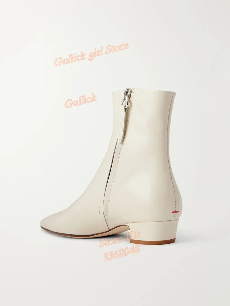 White Leather Ankle Booties Block Low Heel Zipper Small Square Toe Handmade 2026 New Arrivals Fashion Dress Shoes