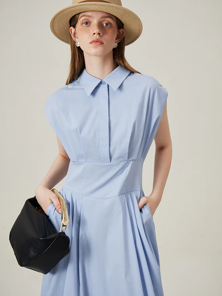 FSLE Sleeveless Dress Elegant Cotton Commuter Female Long Dresses Summer 2024 Minimalist Blue Khaki Shirt Dress 24FS12337