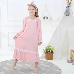 Children pink long sleeve cotton nightdress girls soft princess sleepwear kids lace patchwork homeclothes pajamas 3-14Y ws1405