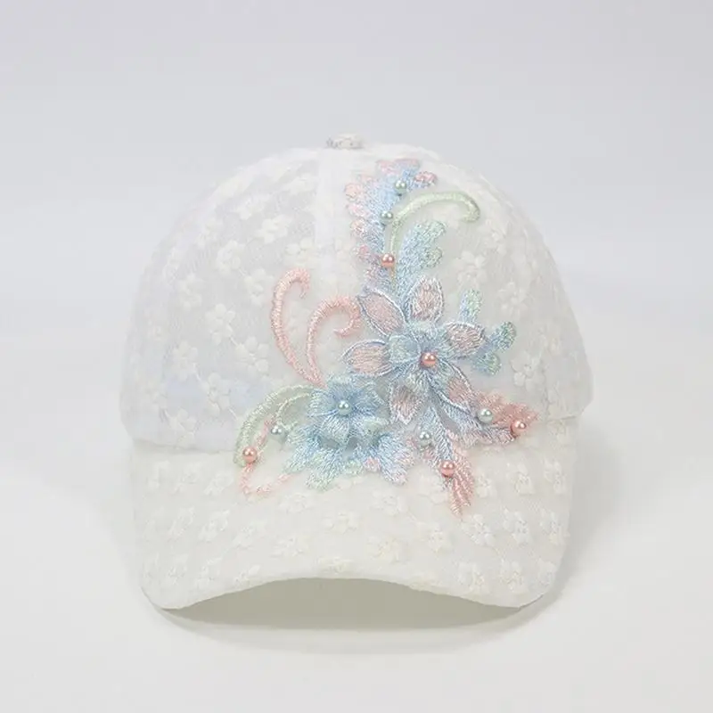 Weiß-Rosa Spitzen-Baseballkappe mit gestickten Blumen, atmungsaktive Baseballkappe, elegante Entenschnabel-Mesh-Sonnenschutzkappe – Detail 8