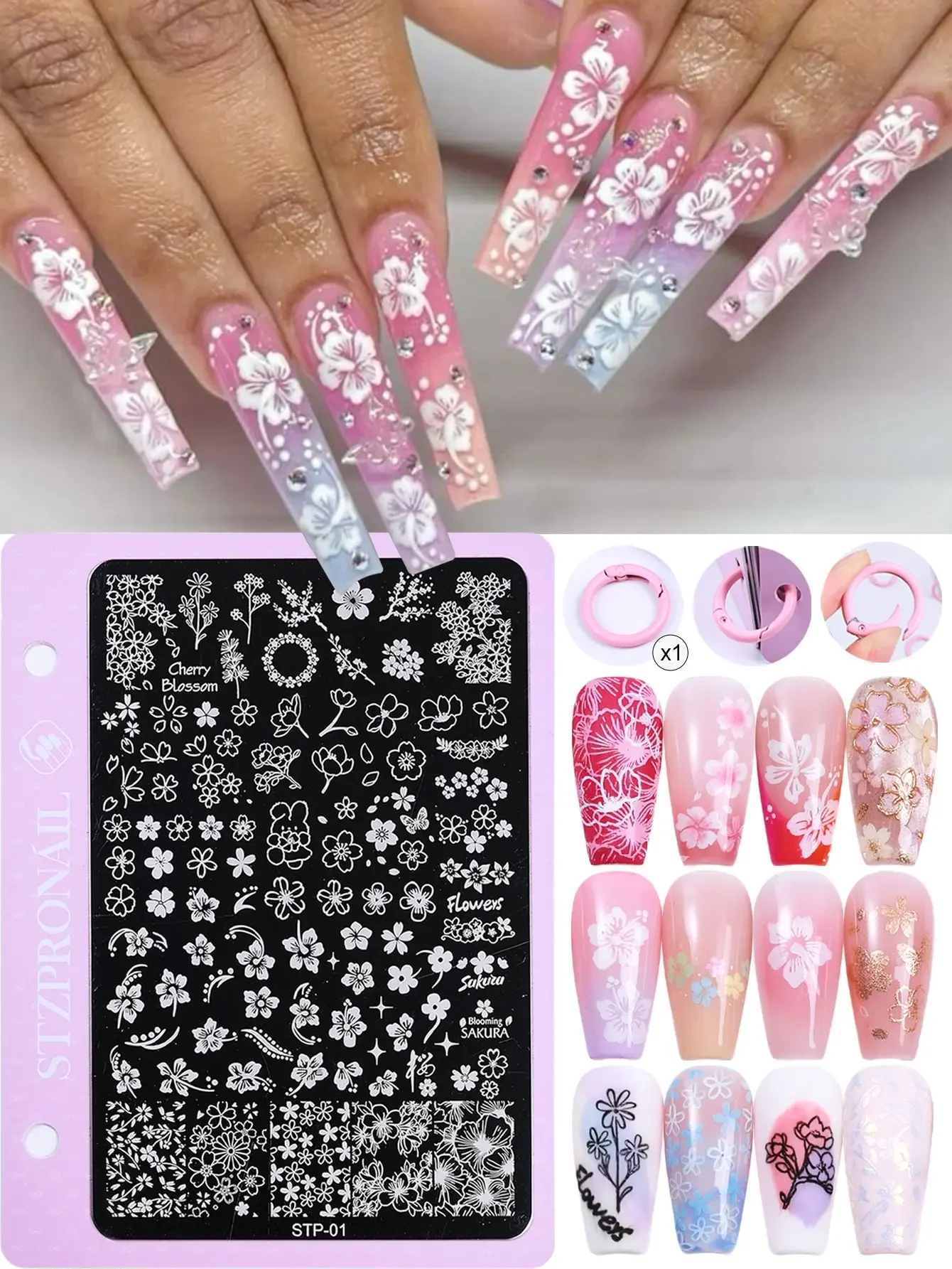 

1pc Reusable Metal Floral Nail Art Stamping Template, Includes Hibiscus, Spring Cherry Blossom, Daisy Petal And Leaf Patterns, Suitable For Spring/Summer Nail Salon DIY Nail Art Decoration