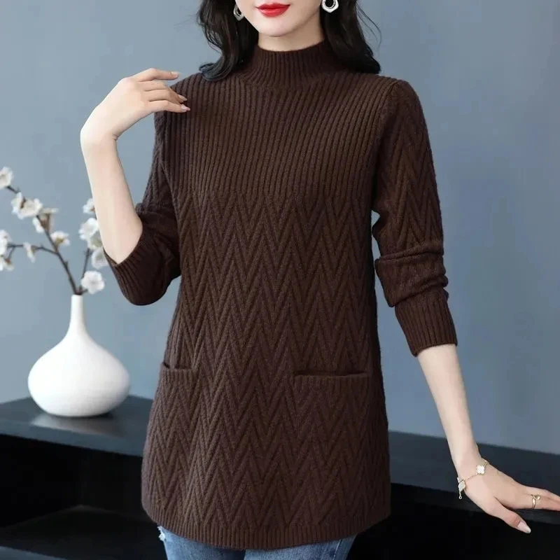 Frauen Pullover Pullover 2025, Neue Feste Halb Hohe Kragen Dicke Warme Lange Gestrickte Pullover Winter Weibliche Tops Bodenbildung Shirt
