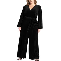 Plus Size Women V Neck Long Sleeve Slim Fit Jumpsuits Velvet Elegance Casual One Piece Catsuit Solid Vintage Party Club Rompers - Image 3