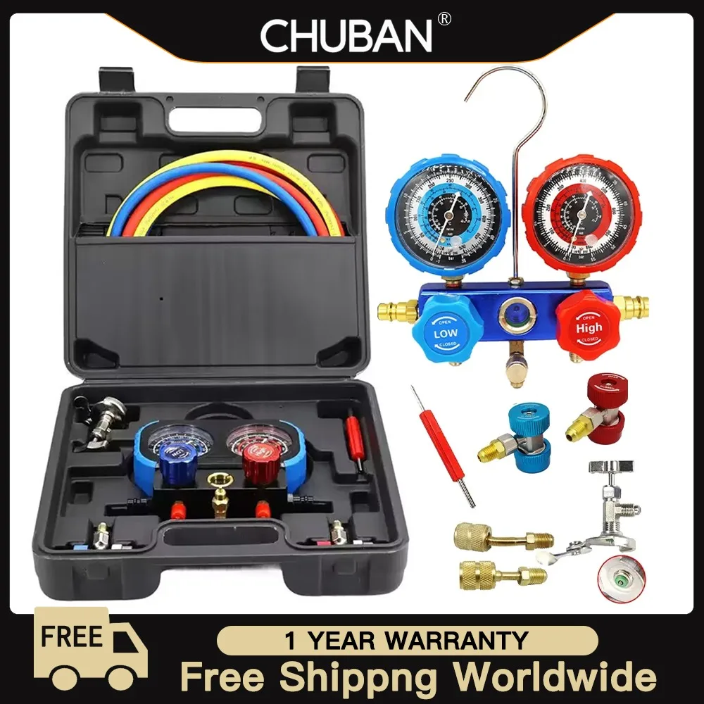 

NEW Car Air Conditioning Pressure Manifold Gauge Hose Kit - R22, R-410A, R-134a, R-404A Refrigerant Gauge Set with Storage Box