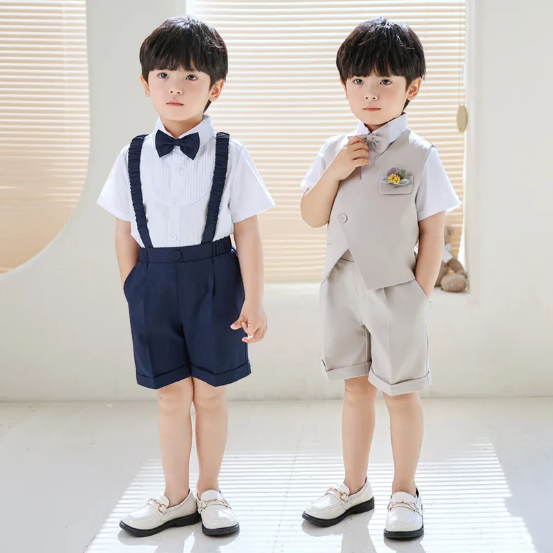 

Gentleman Boys Vest Shorts Bowtie Birthday Ceremony Costume Kids Wedding Party Dress Children Summer England Photography Suit