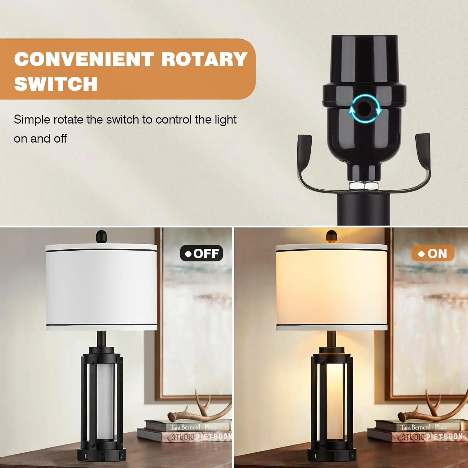 Luminária de Mesa Moderna de 26 polegadas com Portas USB A+C e Tomada AC, Luz Noturna LED Industrial para Quarto e Sala de Estar