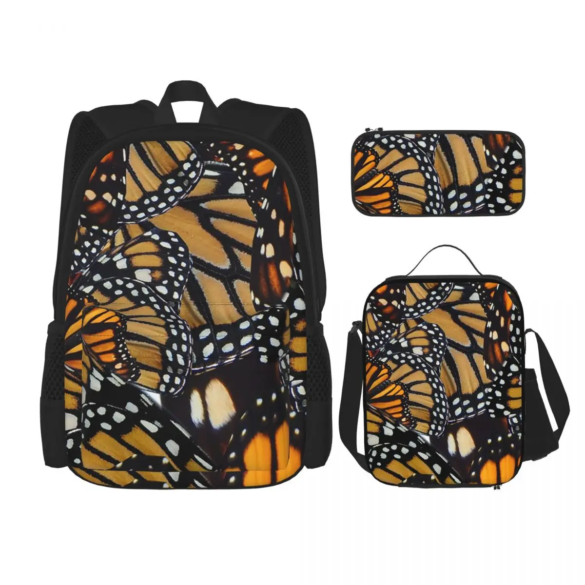 

Butterfly Orange Pattern Backpacks Children Bookbag School Bags Rucksack Lunch Bag Pen Bag Three-Piece Set