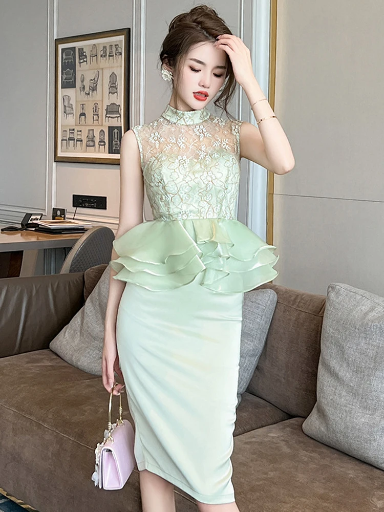 Fashion Fake 2 Pieces Summer Evening Dresses For Women Elegant Chic Satin Sexy Sleeveless Slim Midi Party Mujer Vestidos Fiesta