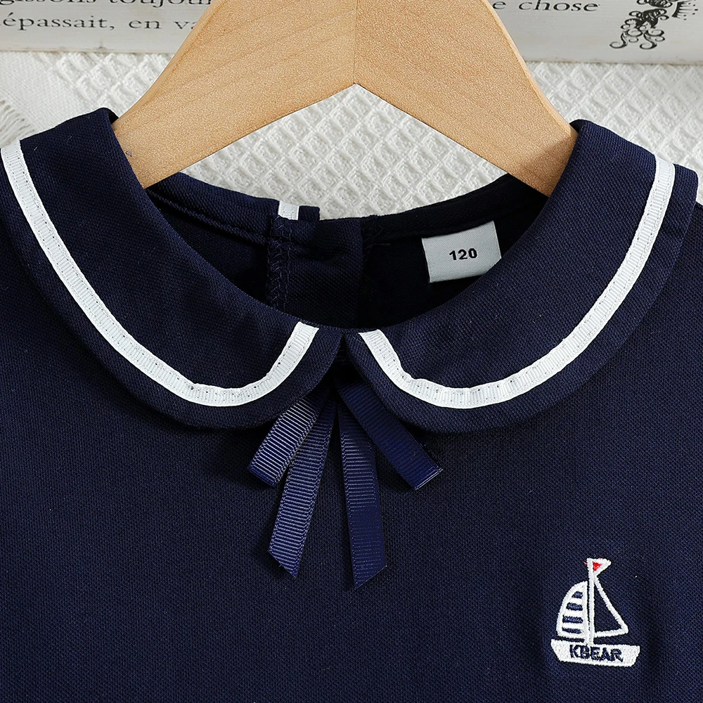 Mädchenkleid 5-12 Jahre Marineblau Matrosen-Sommerkleid 2026 Neu Peter-Pan-Kragen Kurzarm Plissiertes Schul- und Freizeitkleid – Detail 4