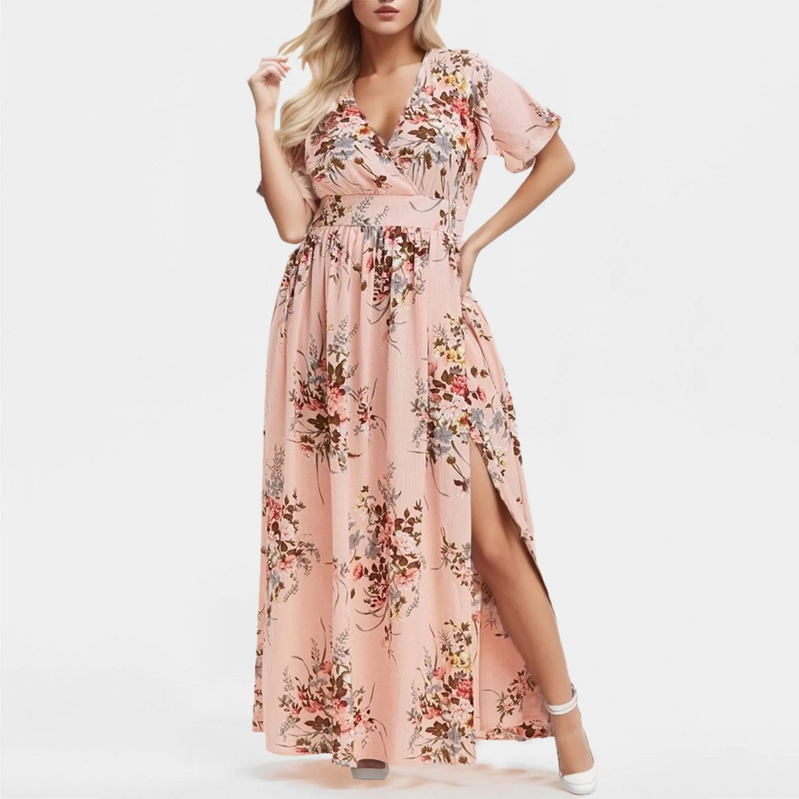 

Fashion Plus Size Women Dress Floral Chiffon Flower Split Dress Boho Print Short Sleeve Dress Plunging V-Neck Tunic Long Dress