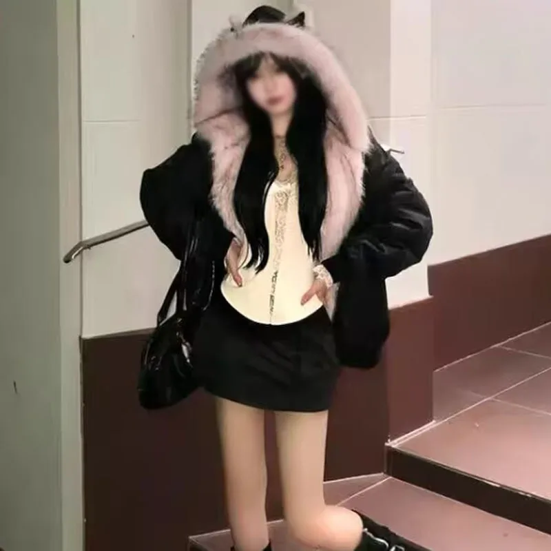 حجم كبير لطيف القط الأذن فروي مقنعين سترة قطن المرأة الخريف الشتاء سميكة الحلو البنطال القصير النسيج العادي Fi...