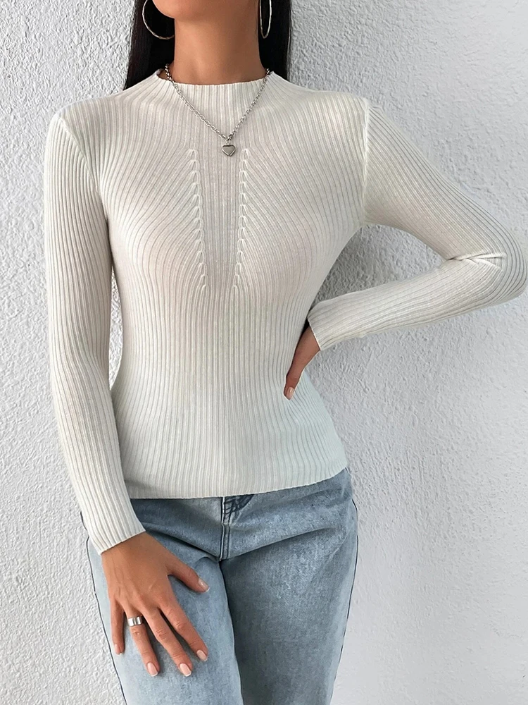 Suéteres de cuello alto de manga larga para mujer, suéteres de moda, Tops blancos y negros sólidos, ropa femenina, otoño e invierno, 2024