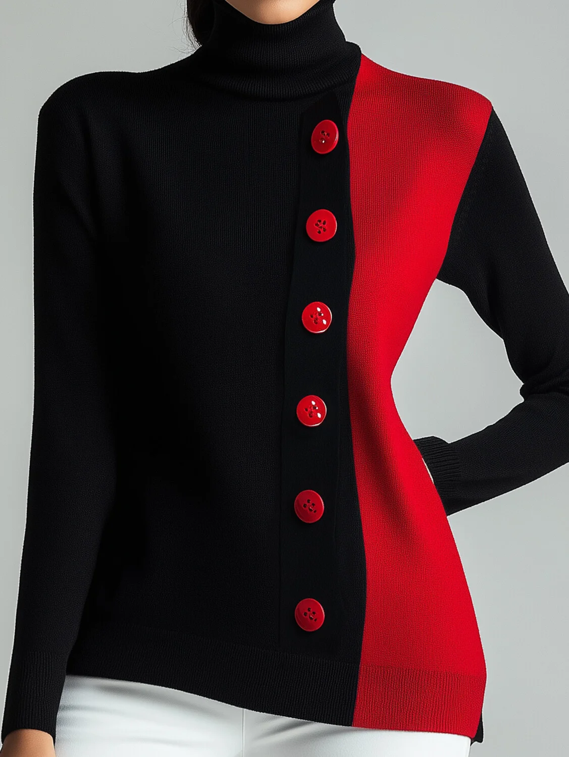 2025 Autumn Winter Women Colorblock Button Long Sleeve Turtleneck Sweater Casual Soft Warm Femme Jumper Pullover Clothes