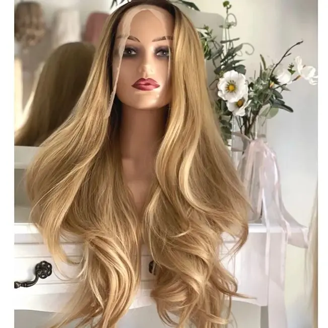 Ombre mel loira onda solta peruca de cabelo peruca dianteira do laço para as mulheres perucas dianteiras do laço sintético peruca preplucked linha fina com cabelo do bebê