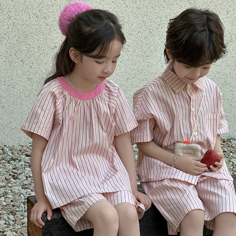 2025 Summer Sibling Matching Sets Short Sleeved T-shirt Striped Color Block Shirts & Shorts Designer Inspired Casual Outfits