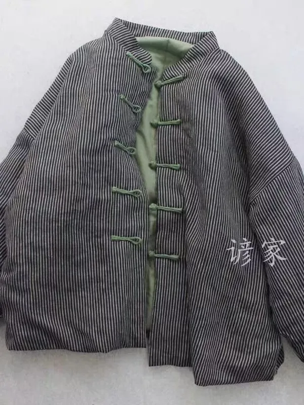 Authentic Linen Chinese Style Striped Loose Cotton Women's Jacket Small Audience Cotton Linen Women's Clothing Long Sleeve