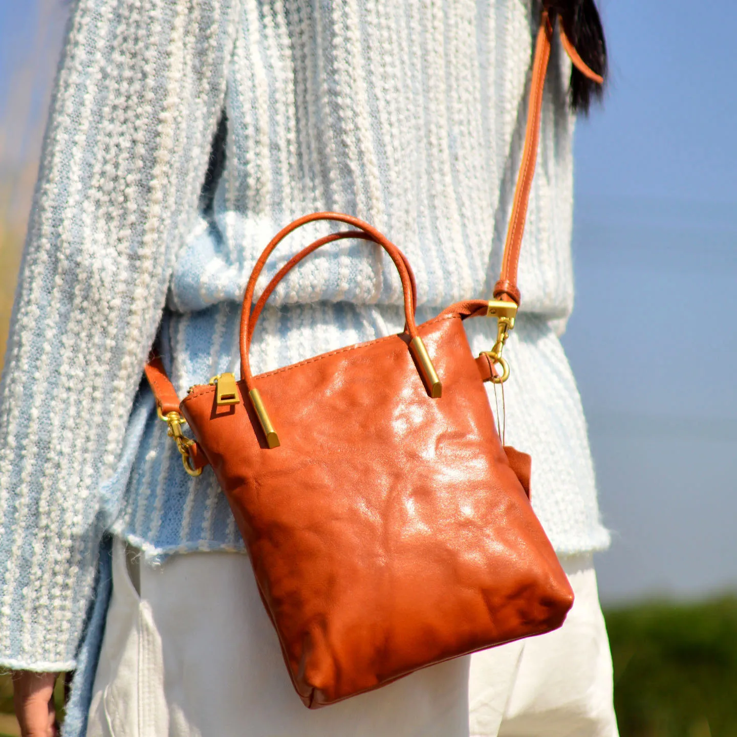 

Vintage Genuine Leather Tote Bag Top Layer Cowhide Plant Tanned Aged Handbag Women's Crossbody Small Bag Soft Foldable