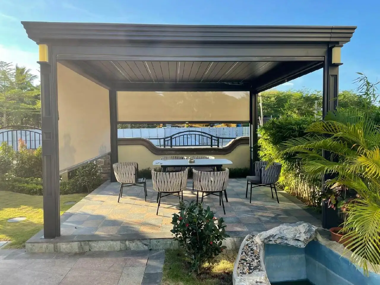 #Weather Resistant Aluminum Outdoor Living Space With Automatic Sun Tracking Smart Gazebo Easily Assembled