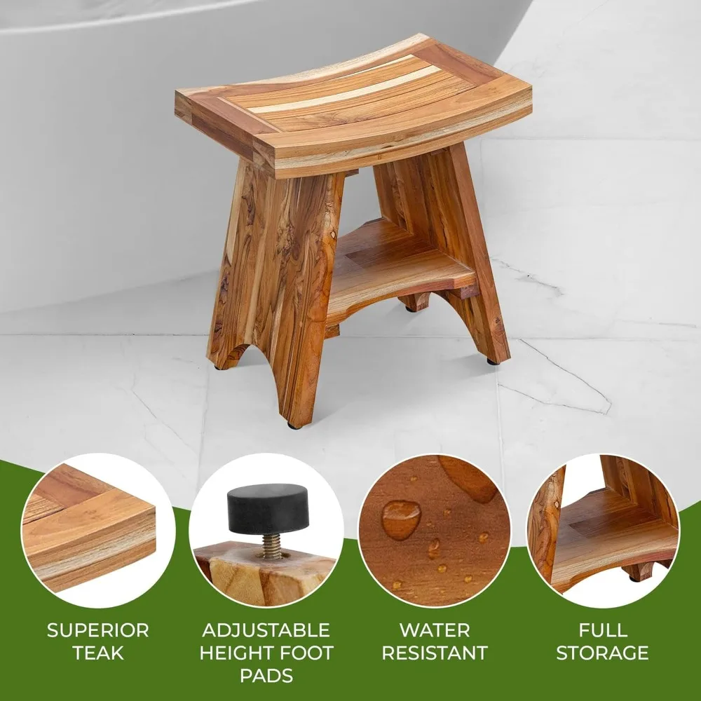 

Serenity 300 Pound Capacity Waterproof Teak Wood Shower Bench Stool Seat Chair For Inside Shower Storage Shelf Provides Safety