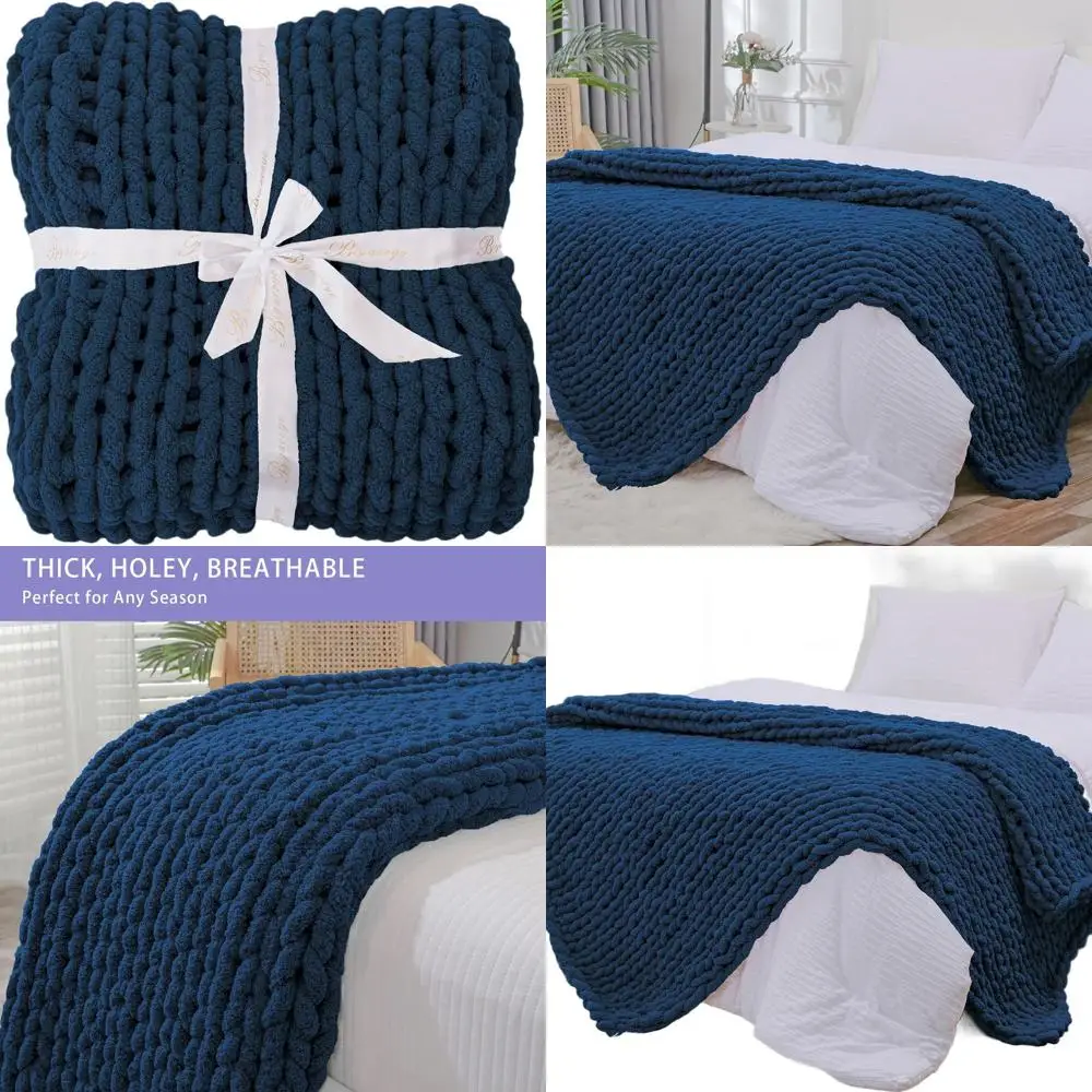 

Плед из синели Jumbo ручной работы, 60x80, уютный вязаный трос, 100% мягкая пряжа, темно-синее одеяло для дивана