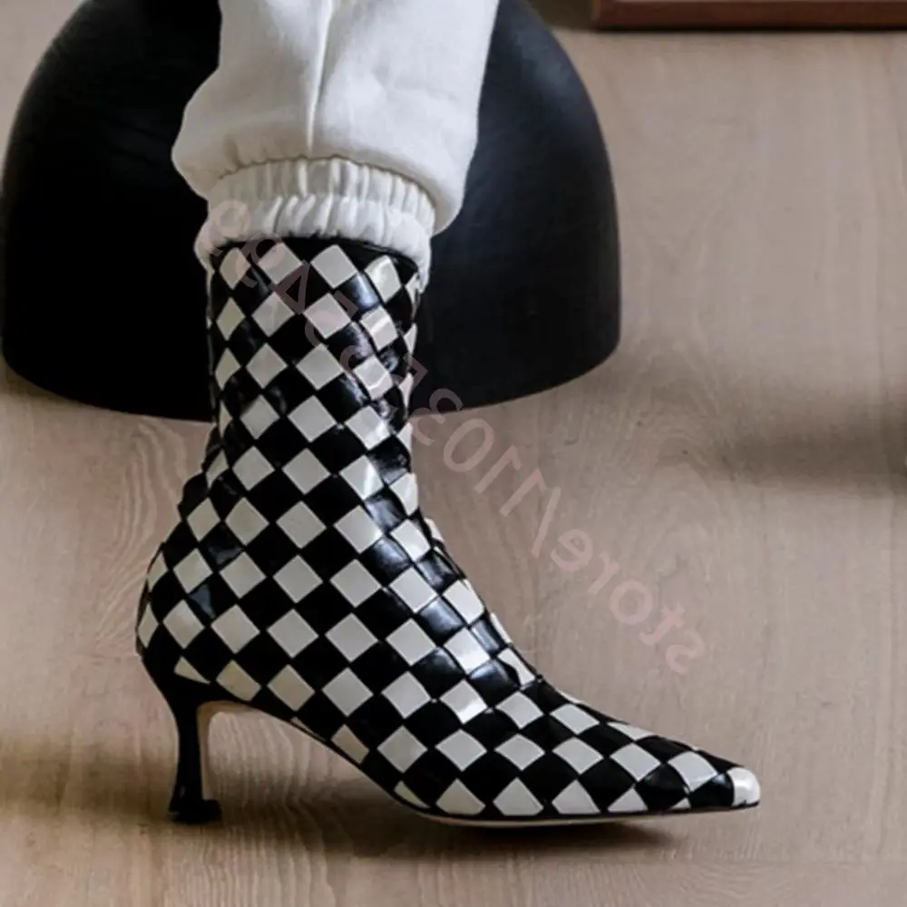 Fashion Ladies Black White Plaid Chelsea Boots Pointed Stilettos Zipper Short Casual Elegant Catwalk Party Street Wear