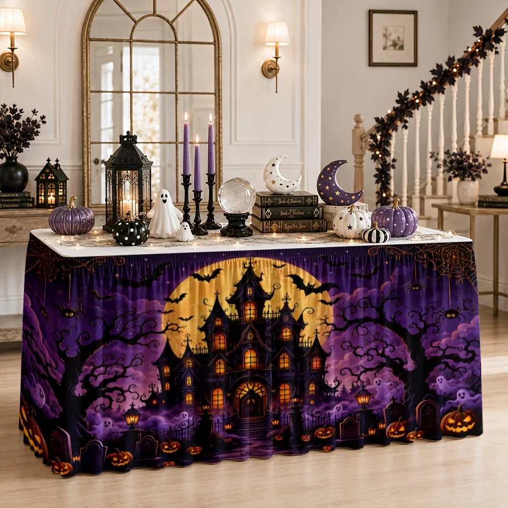 Send a set of tablecloth and table skirt (1-piece) in Halloween theme. Made of polyester. Features a ghost house design.zyc